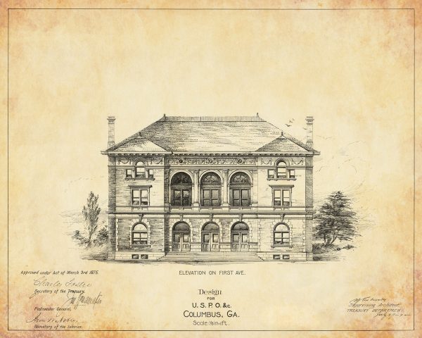 Columbus Georgia Courthouse & Post Office Elevation Drawing - Courthouse Poster Print, Courthouse Drawing, Law Firm Decor, Lawyer Gift