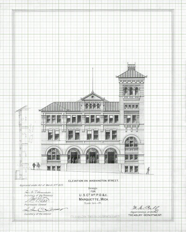 Marquette Michigan Courthouse & Post Office Elevation Drawing - Courthouse Poster Print, Courthouse Drawing, Law Firm Decor, Lawyer Gift