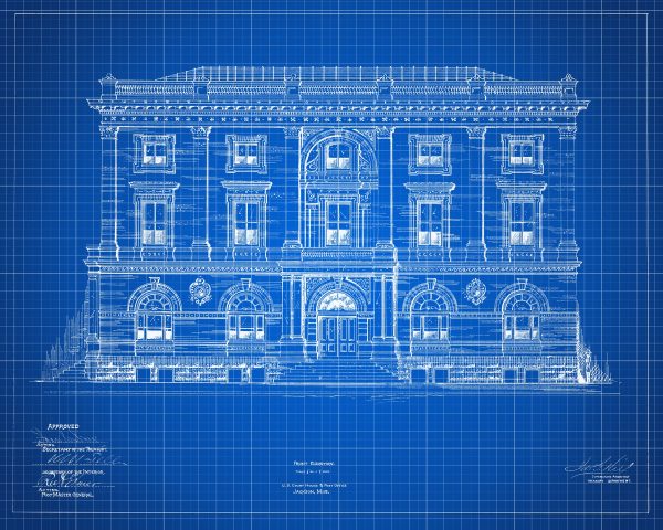 Jackson Mississippi Courthouse & Post Office Blueprint Drawing - Courthouse Poster Print, Courthouse Drawing, Law Firm Décor, Office Décor