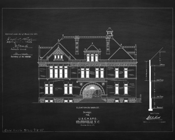 Statesville North Carolina Courthouse & Post Office Blueprint Elevation Drawing - Courthouse Poster Drawing, Law Firm Décor, Office Décor