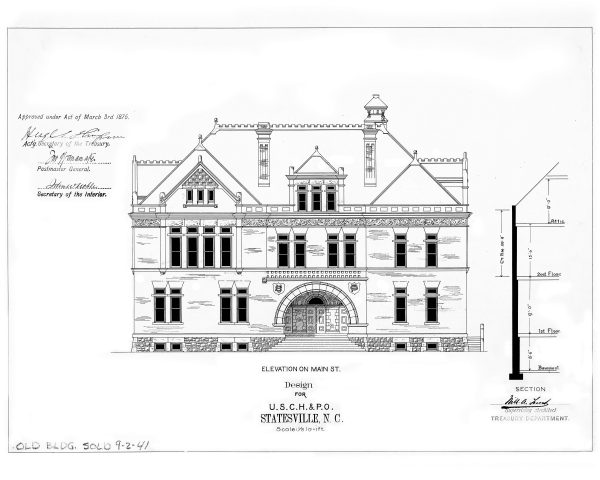 Statesville North Carolina Courthouse & Post Office Blueprint Elevation Drawing - Courthouse Poster Drawing, Law Firm Décor, Office Décor