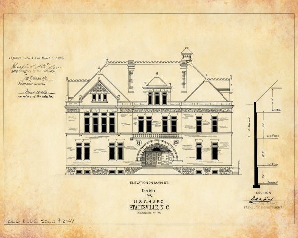 Statesville North Carolina Courthouse & Post Office Blueprint Elevation Drawing - Courthouse Poster Drawing, Law Firm Décor, Office Décor