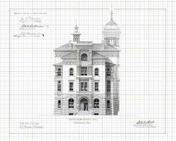 El Paso Texas Courthouse & Post Office Blueprint Elevation Drawing - El Paso Courthouse Poster Drawing, Law Firm Décor, Office Décor, Lawyer