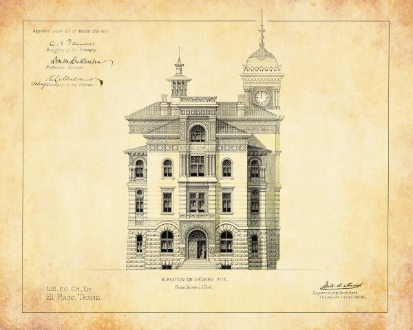 El Paso Texas Courthouse & Post Office Blueprint Elevation Drawing - El Paso Courthouse Poster Drawing, Law Firm Décor, Office Décor, Lawyer