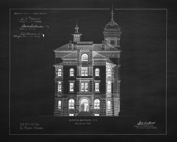 El Paso Texas Courthouse & Post Office Blueprint Elevation Drawing - El Paso Courthouse Poster Drawing, Law Firm Décor, Office Décor, Lawyer