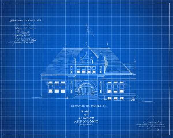 1875 Akron Ohio Post Office Elevation Drawing - Poster Print, Old Post Office Blueprint, Post Office Drawing, Office Décor, Blueprint Décor