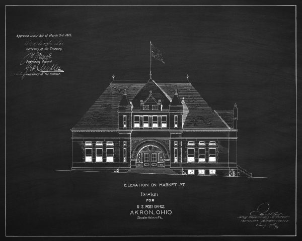 1875 Akron Ohio Post Office Elevation Drawing - Poster Print, Old Post Office Blueprint, Post Office Drawing, Office Décor, Blueprint Décor