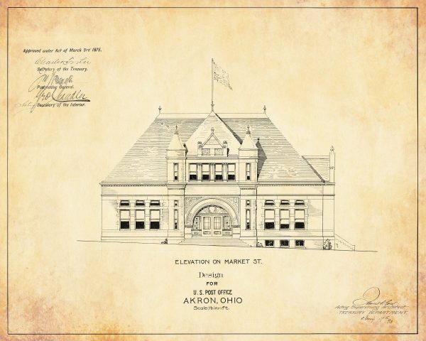 1875 Akron Ohio Post Office Elevation Drawing - Poster Print, Old Post Office Blueprint, Post Office Drawing, Office Décor, Blueprint Décor