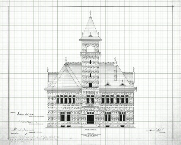 Charleston West Virginia Courthouse Post Office Blueprint Elevation Drawing - Charleston Courthouse Blueprint, Law Firm Décor, Office Décor