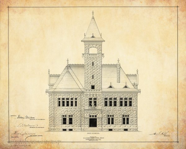 Charleston West Virginia Courthouse Post Office Blueprint Elevation Drawing - Charleston Courthouse Blueprint, Law Firm Décor, Office Décor