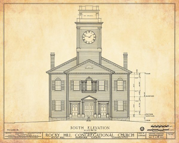 Rocky Hill Congregational Church Elevation Drawing - Connecticut Church Blueprint, Church Drawing, Religious Home Décor, Blueprint Décor