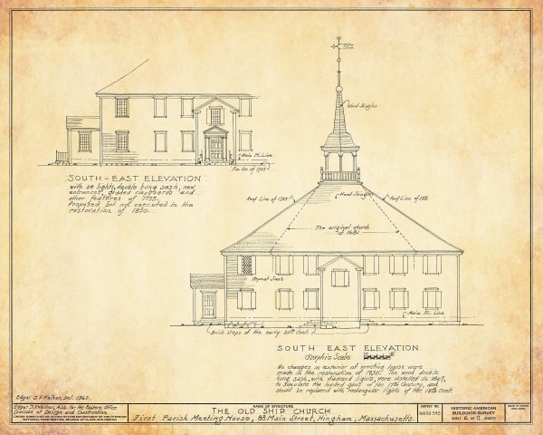 Old Ship Church Elevation Drawing - Massachusetts Church Blueprint, Church Drawing, Religious Home Décor, Blueprint Décor, Puritan Church