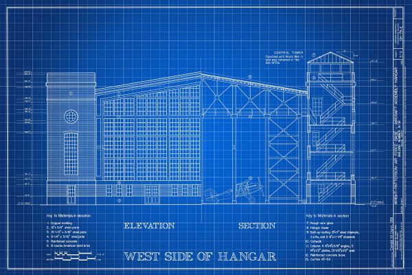 Air Force Hangar Elevation Drawing - Wright-Patterson Air Force Base Hangar Blueprint, Hangar Poster, Vintage Aviation Art, Airport Print