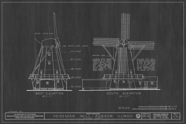 Heideman Mill Blueprint Drawing - Mill Poster, Windmill Drawing, Cabin Decor, Addison Illinois Mill, Historic Building