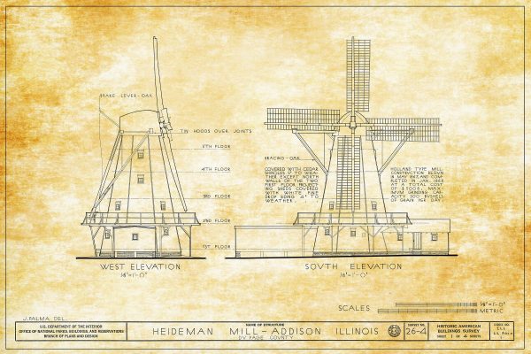 Heideman Mill Blueprint Drawing - Mill Poster, Windmill Drawing, Cabin Decor, Addison Illinois Mill, Historic Building