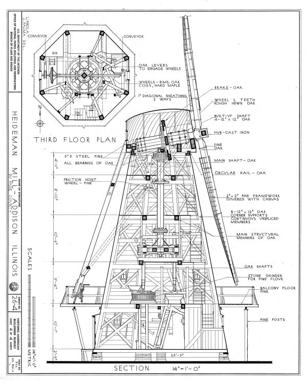 Heideman Mill Cross Section Drawing - Mill Poster, Windmill Drawing, Cabin Decor, Addison Illinois Mill, Historic Building