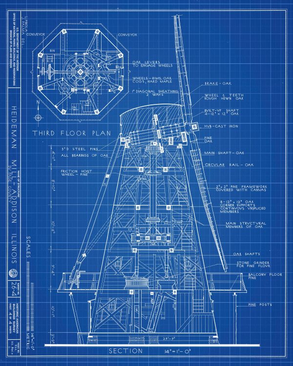 Heideman Mill Cross Section Drawing - Mill Poster, Windmill Drawing, Cabin Decor, Addison Illinois Mill, Historic Building