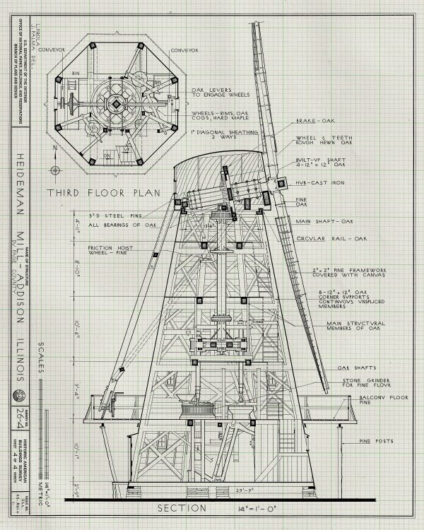 Heideman Mill Cross Section Drawing - Mill Poster, Windmill Drawing, Cabin Decor, Addison Illinois Mill, Historic Building