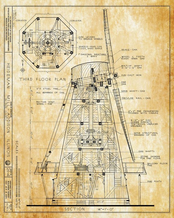 Heideman Mill Cross Section Drawing - Mill Poster, Windmill Drawing, Cabin Decor, Addison Illinois Mill, Historic Building