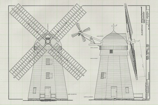 Beebee Windmill Elevation Drawing - 1820 Windmill Poster, Windmill Blueprint, Cabin Decor, New York Windmill, Historic Building