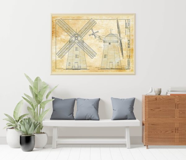 Beebee Windmill Elevation Drawing - 1820 Windmill Poster, Windmill Blueprint, Cabin Decor, New York Windmill, Historic Building