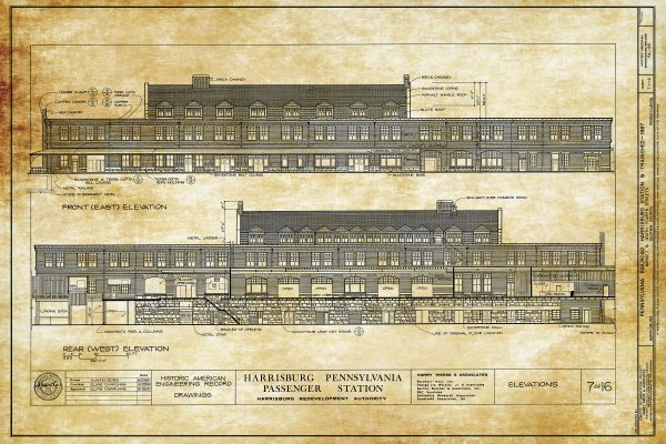 Harrisburg Pennsylvania Railroad Station Elevation Drawing - Railroad Poster, Railroad Station Blueprint, Harrisburg Station