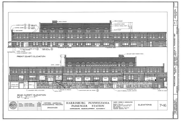 Harrisburg Pennsylvania Railroad Station Elevation Drawing - Railroad Poster, Railroad Station Blueprint, Harrisburg Station