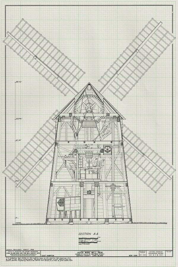 Hook Windmill Section Drawing - 1806 Windmill Poster, Windmill Blueprint, Farm Decor, East Hampton New York Windmill, Historic Building