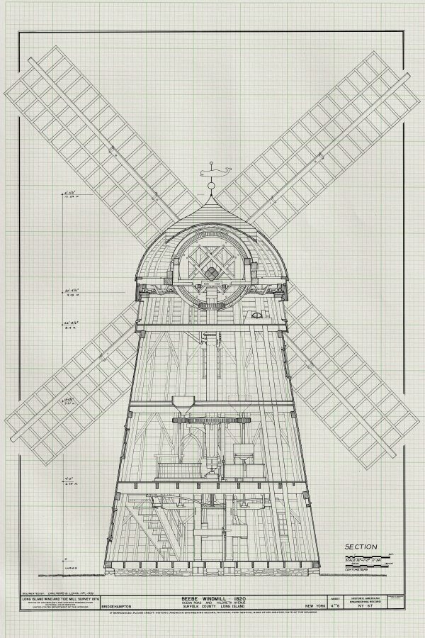 Beebee Windmill Section Drawing - 1820 Windmill Poster, Windmill Blueprint, Farm Decor, New York Windmill, Historic Building