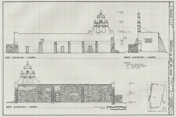 Mission San Juan De Capistrano Elevation Drawing - 1731 Texas Mission Drawing, Old Mission Blueprint, Religious Decor, Historic Mission