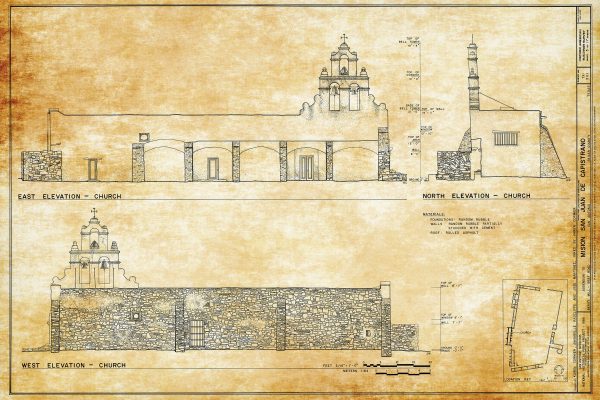 Mission San Juan De Capistrano Elevation Drawing - 1731 Texas Mission Drawing, Old Mission Blueprint, Religious Decor, Historic Mission