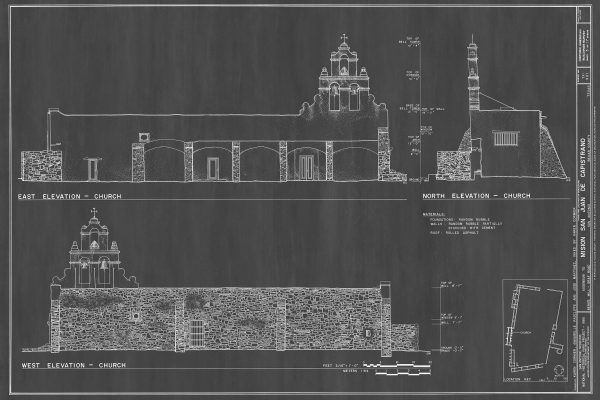 Mission San Juan De Capistrano Elevation Drawing - 1731 Texas Mission Drawing, Old Mission Blueprint, Religious Decor, Historic Mission