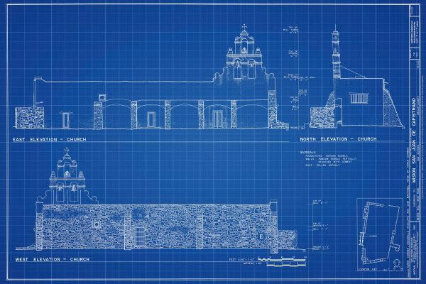 Mission San Juan De Capistrano Elevation Drawing - 1731 Texas Mission Drawing, Old Mission Blueprint, Religious Decor, Historic Mission