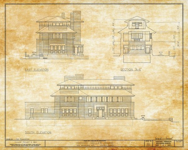 Isidore Heller House Elevation Drawing - Frank Lloyd Wright House Design Poster, House Blueprint, Home Décor, Chicago Historic Building