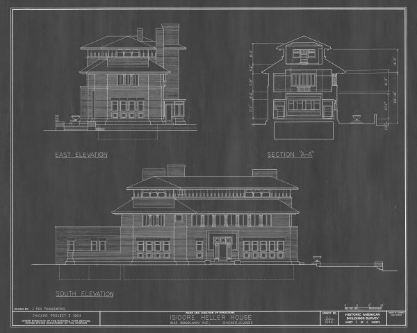 Isidore Heller House Elevation Drawing - Frank Lloyd Wright House Design Poster, House Blueprint, Home Décor, Chicago Historic Building