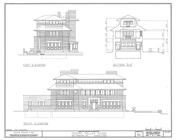 Isidore Heller House Elevation Drawing - Frank Lloyd Wright House Design Poster, House Blueprint, Home Décor, Chicago Historic Building