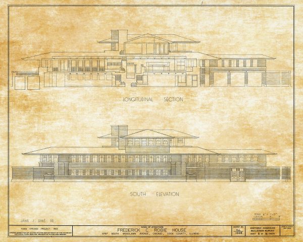 Frederick C. Robie House Drawing - Frank Lloyd Wright House Design Poster, House Blueprint, Home Décor, Chicago Historic Building