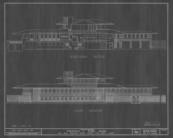 Frederick C. Robie House Drawing - Frank Lloyd Wright House Design Poster, House Blueprint, Home Décor, Chicago Historic Building