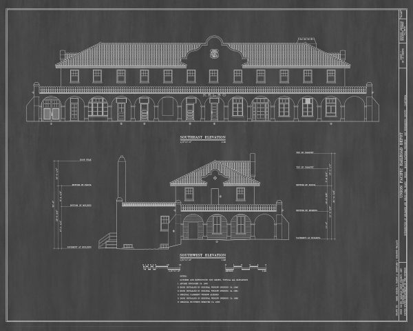 Kelso Union Pacific Railroad Depot Drawing - California Railroad Poster, Historic Building, Railroad Poster, Railroad Station Blueprint