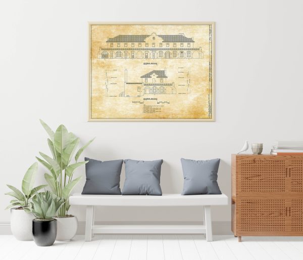 Kelso Union Pacific Railroad Depot Drawing - California Railroad Poster, Historic Building, Railroad Poster, Railroad Station Blueprint