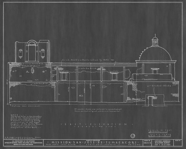 Mission San Jose De Tumacacori Elevation Drawing - Arizona Mission Poster, Old Mission Blueprint, Religious Décor, Historic Mission