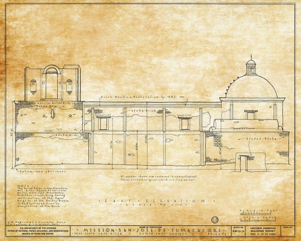 Mission San Jose De Tumacacori Elevation Drawing - Arizona Mission Poster, Old Mission Blueprint, Religious Décor, Historic Mission