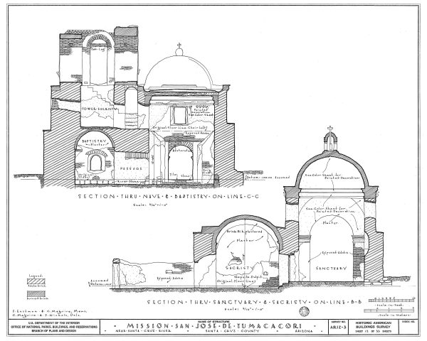 Mission San Jose De Tumacacori Section Drawing - Arizona Mission Poster, Old Mission Blueprint, Religious Décor, Historic Mission