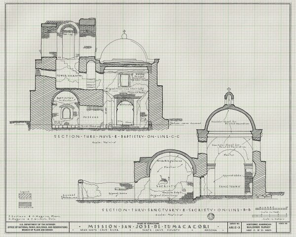 Mission San Jose De Tumacacori Section Drawing - Arizona Mission Poster, Old Mission Blueprint, Religious Décor, Historic Mission