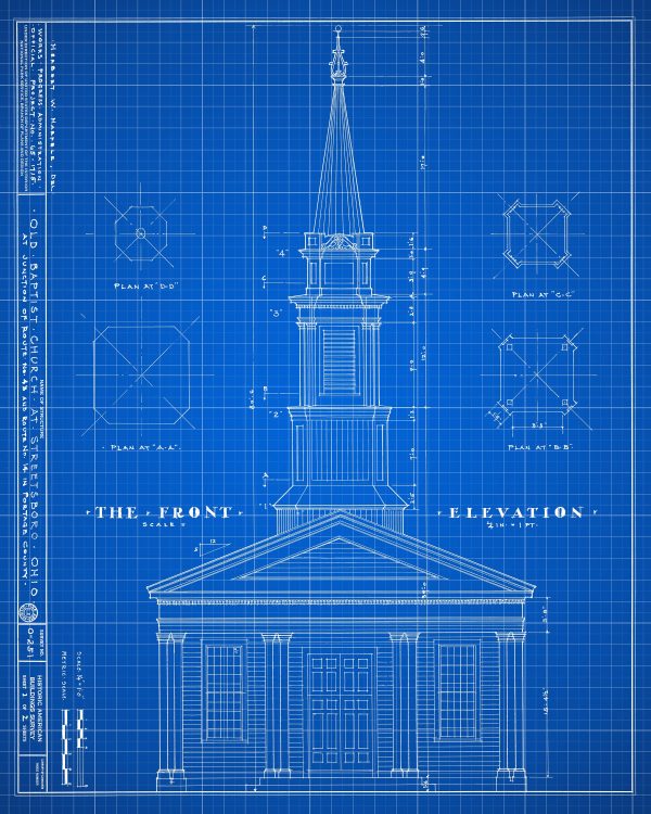 Old Baptist Church Blueprint Drawing - Streetsboro Ohio Blueprint, Ohio Church Drawing, Home Decor, Wall Decor, Blueprint Décor