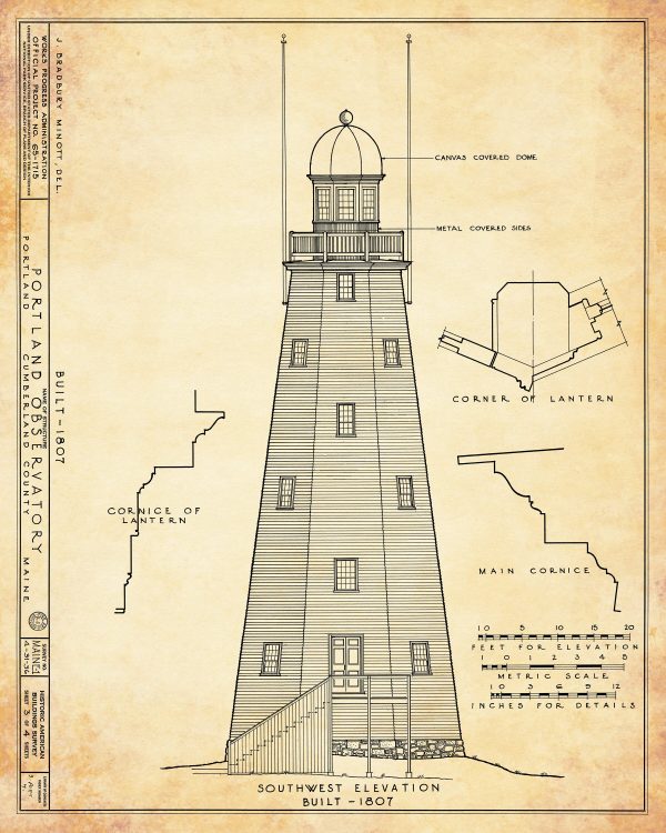 Portland Observatory Blueprint Drawing - Portland Maine Observatory Drawing, Maritime Signal Tower, Home Décor, Blueprint Décor, Nautical