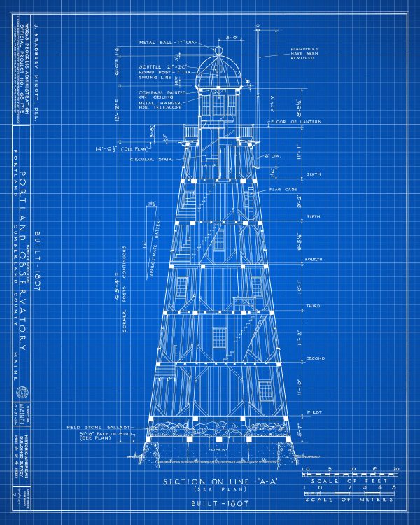 Portland Observatory Section Drawing Blueprint - Portland Maine Observatory, Maritime Signal Tower, Home Décor, Blueprint Décor, Nautical