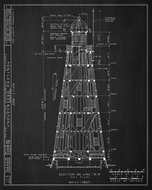 Portland Observatory Section Drawing Blueprint - Portland Maine Observatory, Maritime Signal Tower, Home Décor, Blueprint Décor, Nautical