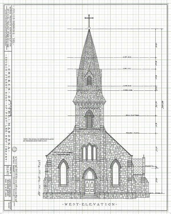 Church of the Madonna Blueprint Drawing - Fort Lee New Jersey Church Blueprint, Church Drawing, Home Decor, Wall Decor, Blueprint Décor