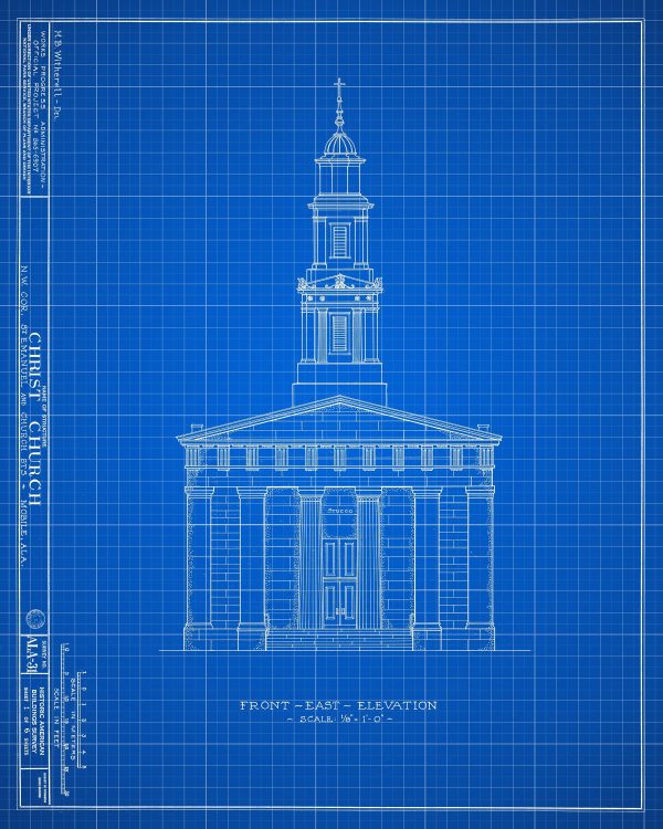 Christ Church Cathedral Blueprint Drawing - Mobile Alabama Church Blueprint, Church Drawing, Home Decor, Wall Decor, Blueprint Décor